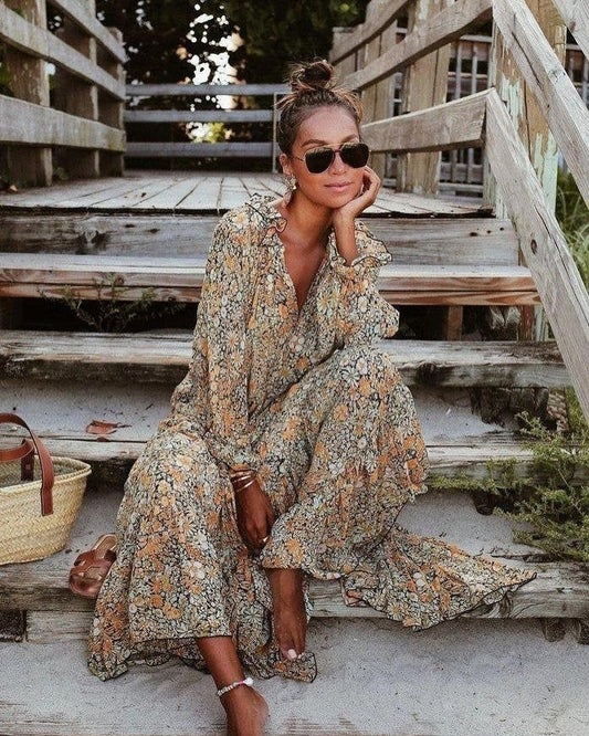 Bohemian Style Deep V Lace Long-Sleeved Loose Print Dress