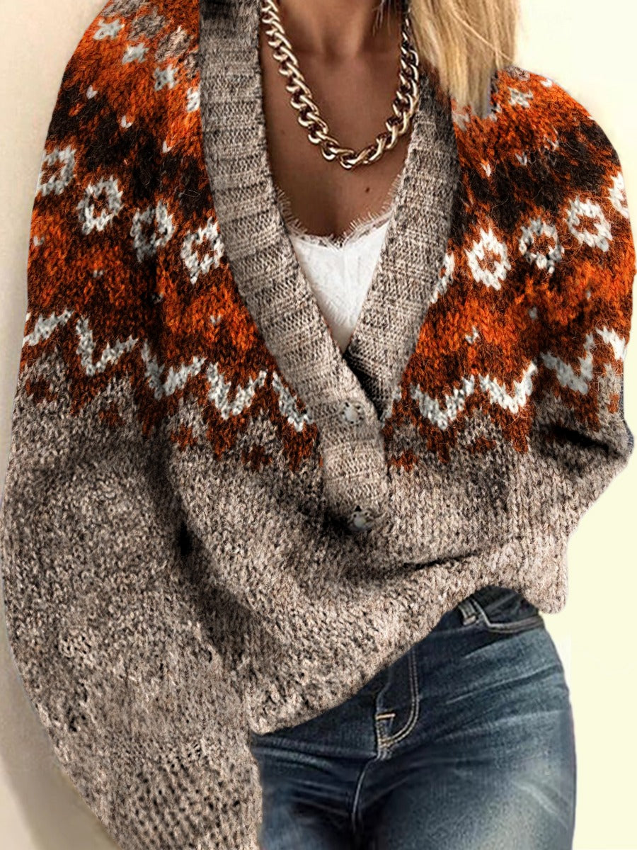 Women's Retro Ethnic Print Casual V-neck Pullover Knit