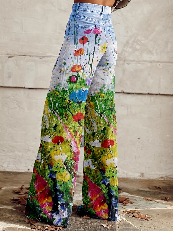 Women's Vintage Oil Painting Floral Wide Leg Pants