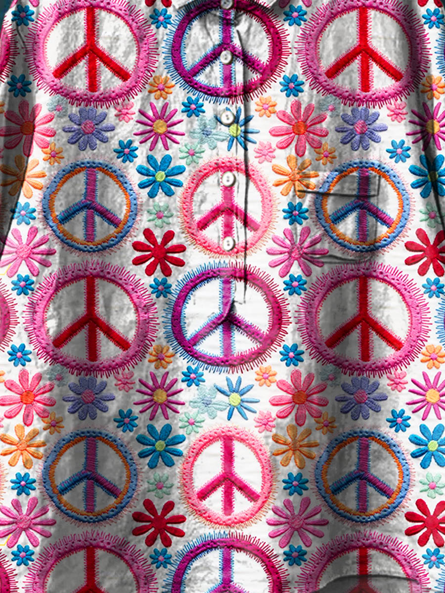 Women's Peace And Love Art Pattern Print Casual Cotton And Linen Shirt