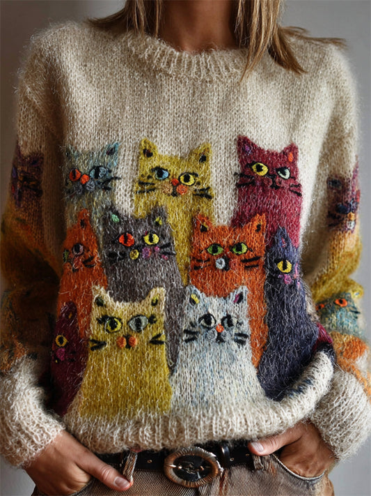 Vintage Colorful Crowded Cats Cozy Knit Sweater