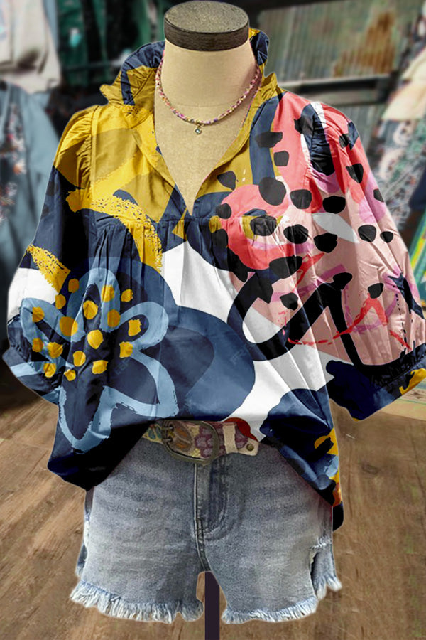 Colorful Floral Print Puff Sleeve Top