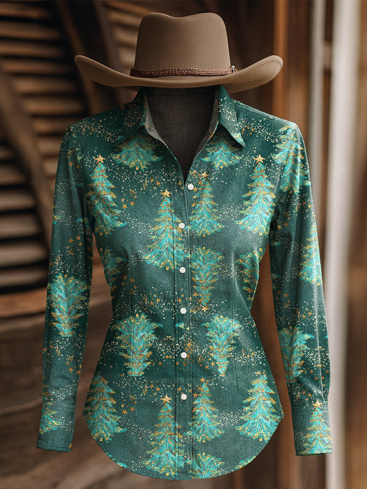Women's Vintage Christmas Evergreen Print Western Long Sleeve Shirt