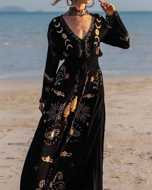 Women's V-neck Black Printed Print Dress