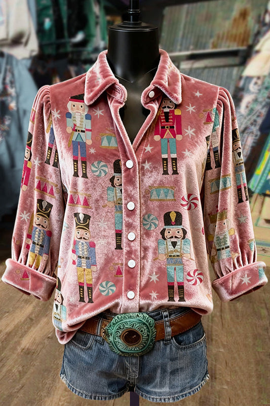 Christmas Nutcracker Print Print Collared Velvet Top