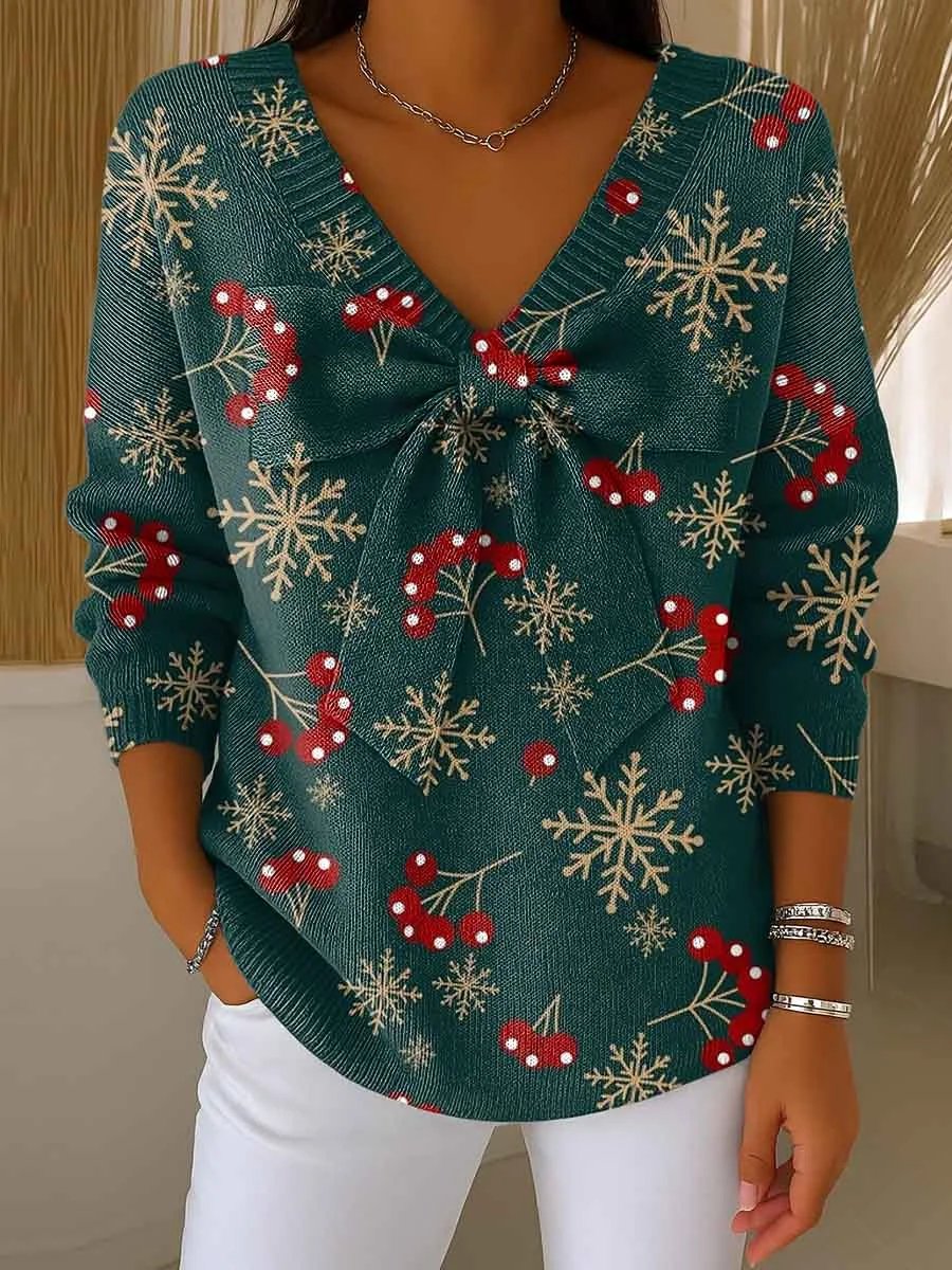 Women's Christmas Print Bowknot V-Neck Long Sleeve Casual Pullover