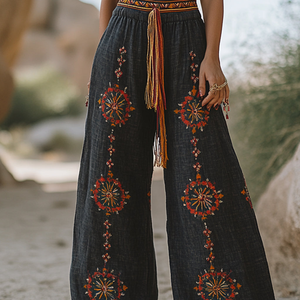 Bohemian Casual Holiday Style Linen Long Loose Wide-leg Pants