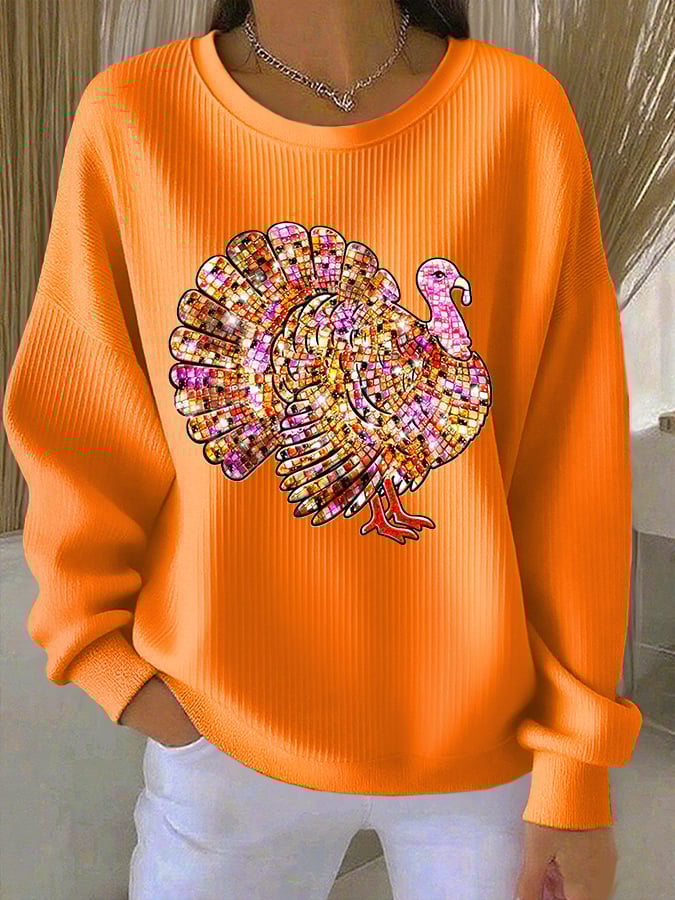 Women's Retro Thanksgiving Print Round Neck Sweatshirt