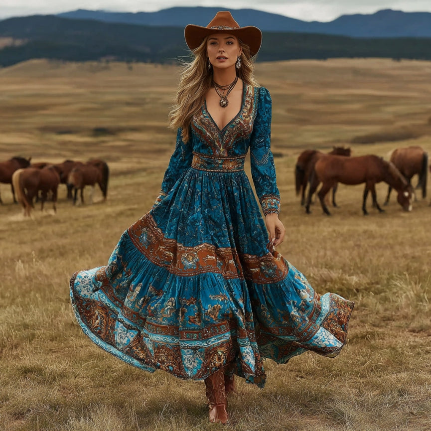 Women's Vintage Western Horse Art Print V-neck Long Sleeve Maxi Dress