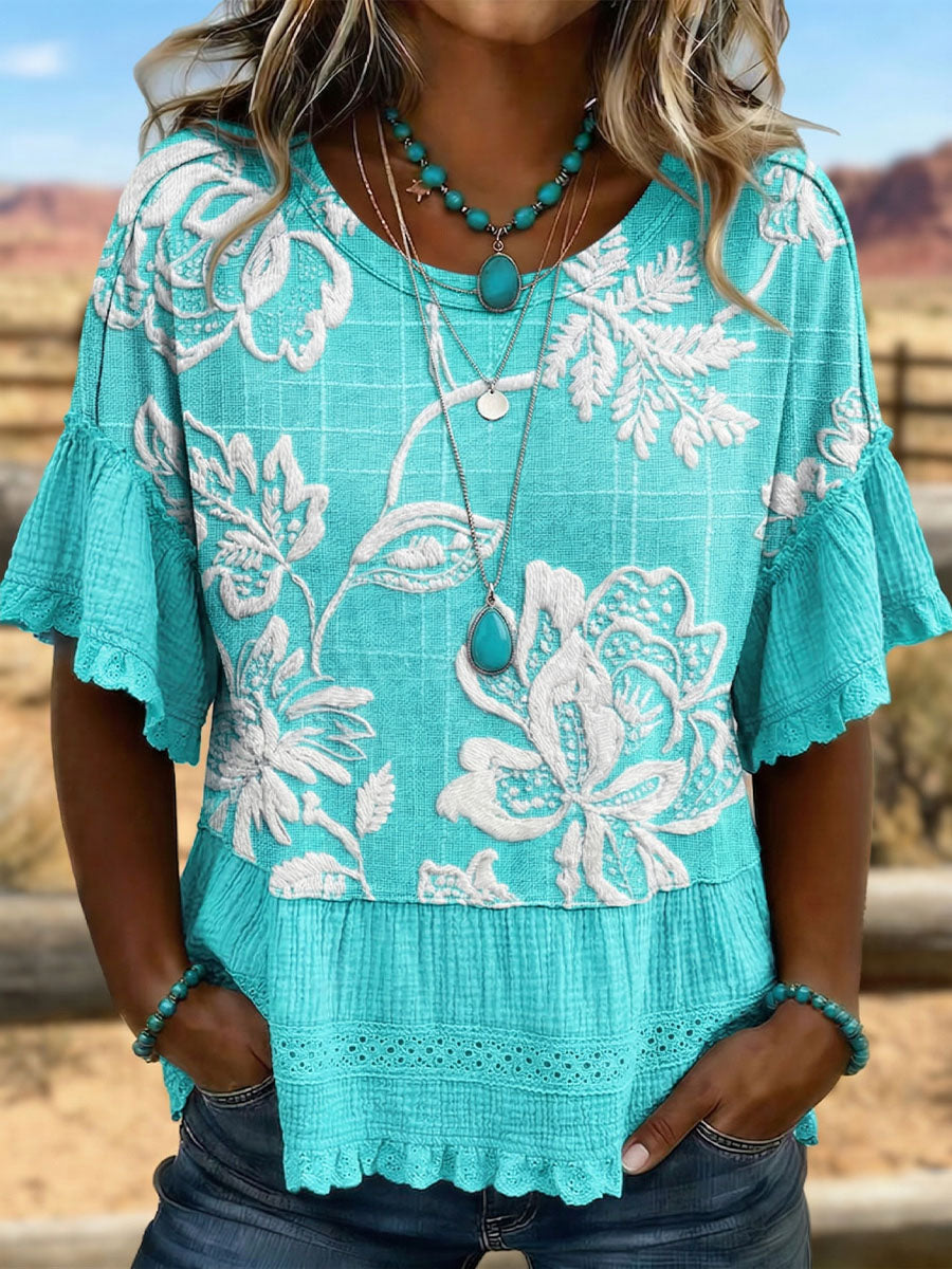 Vintage Art Hollowed Out Lace Patchwork T-Shirt
