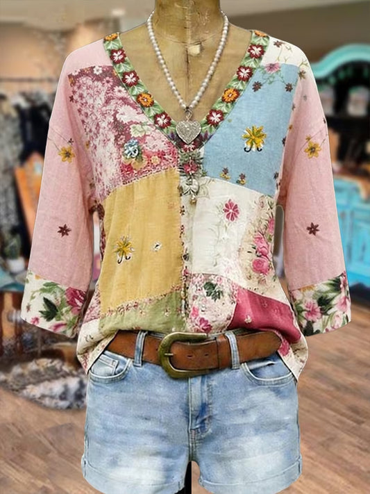 Women's Vintage Floral Print Patchwork Casual Shirt