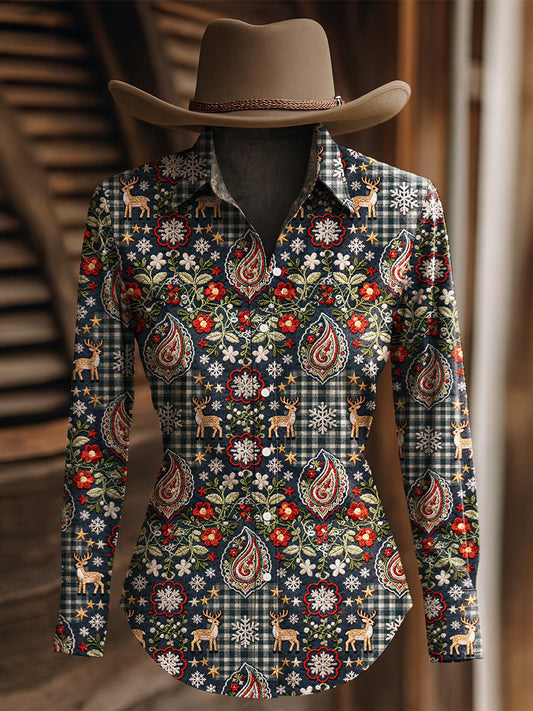 Women's Vintage Christmas Elk Paisley Floral Print Western Long Sleeve Shirt