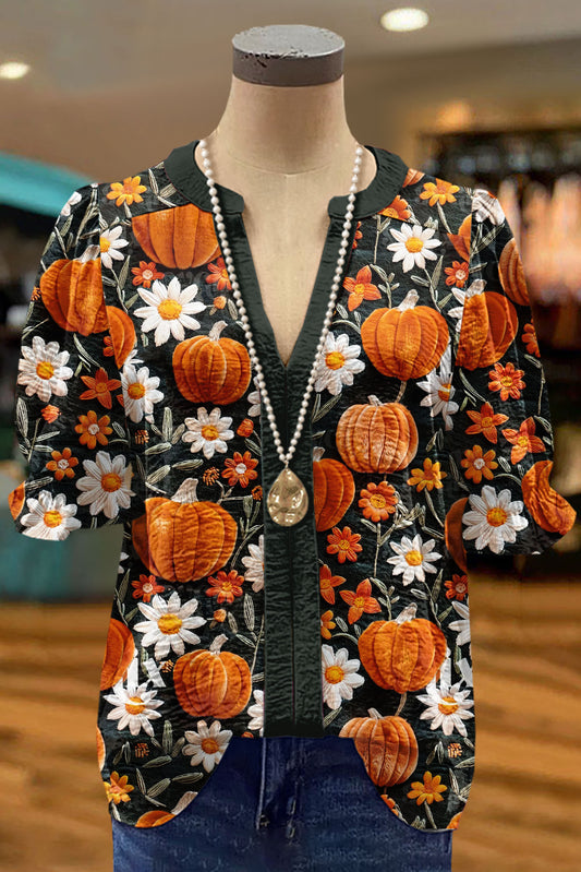 Halloween Daisy  Pumkins Print Puff Sleeve Top