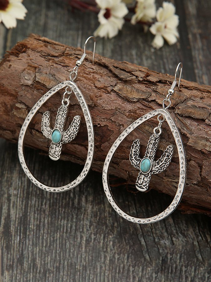 Retro Water Drop Hollow Out Cactus Turquoise Earrings