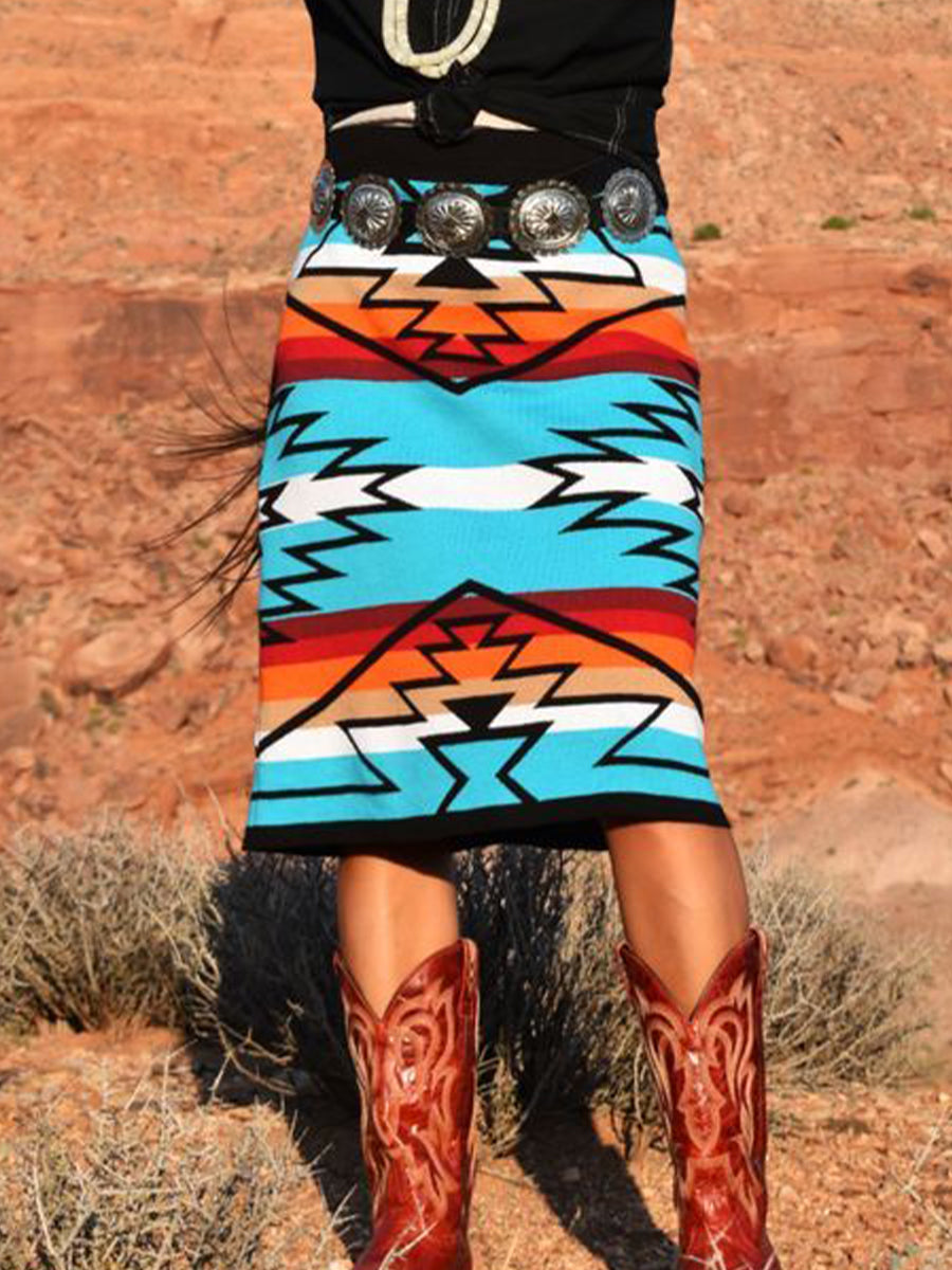 Women's Vintage Ethnic Aztec Print Knitted Skirt