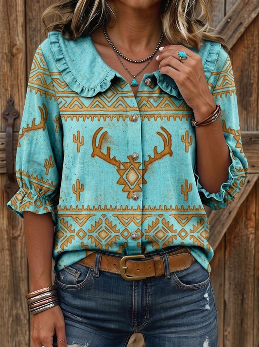 Vintage Western Art Print Peter Pan Collar Shirt