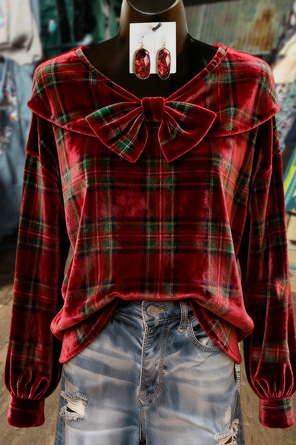 Holiday Plaid Bow Detailed Long Sleeve Velvet Top