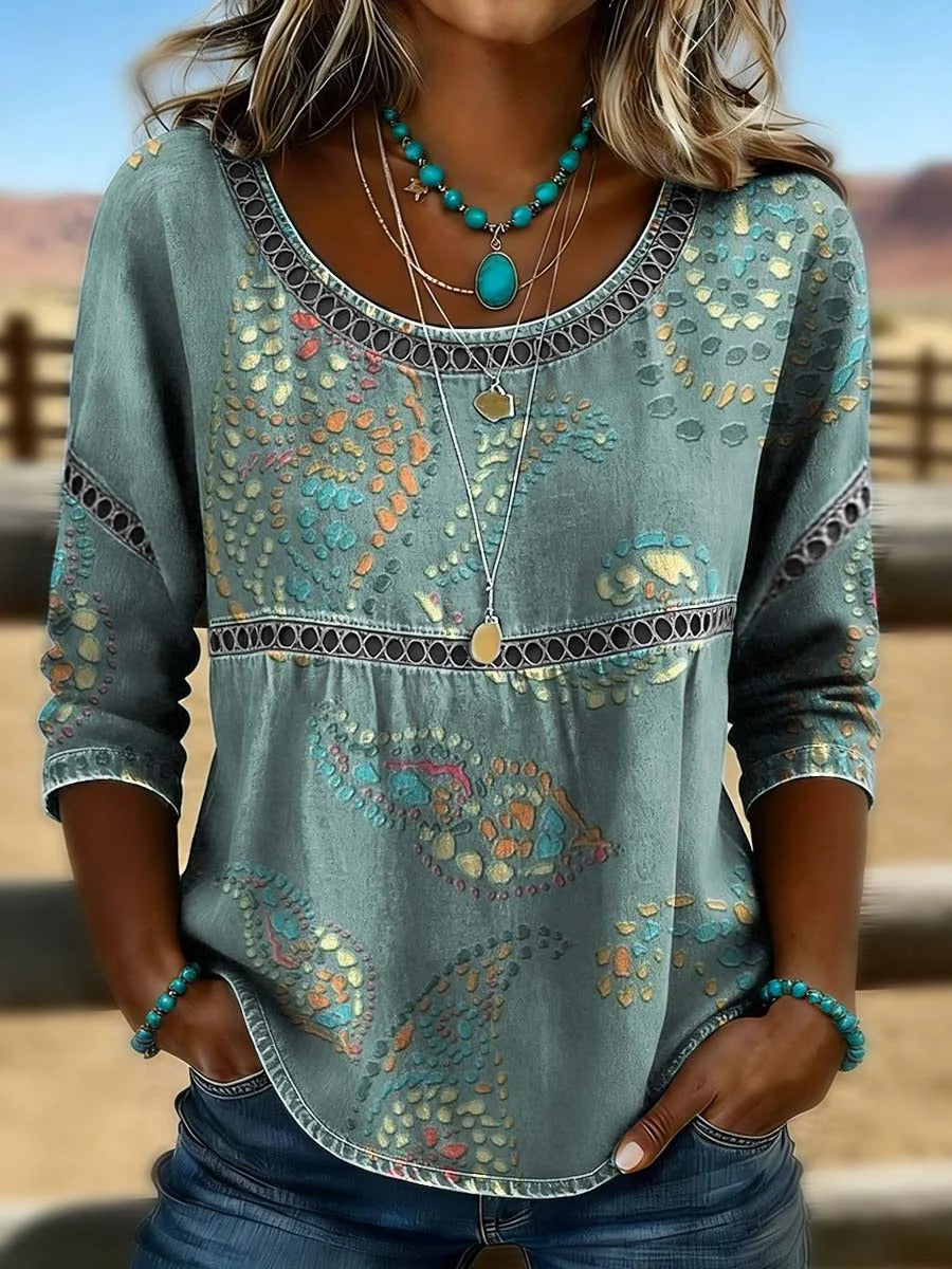 Women's Vintage Floral Print Casual Hollow Denim Shirt