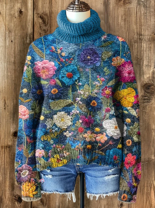 Floral Print Knit Turtleneck Pullover Sweater