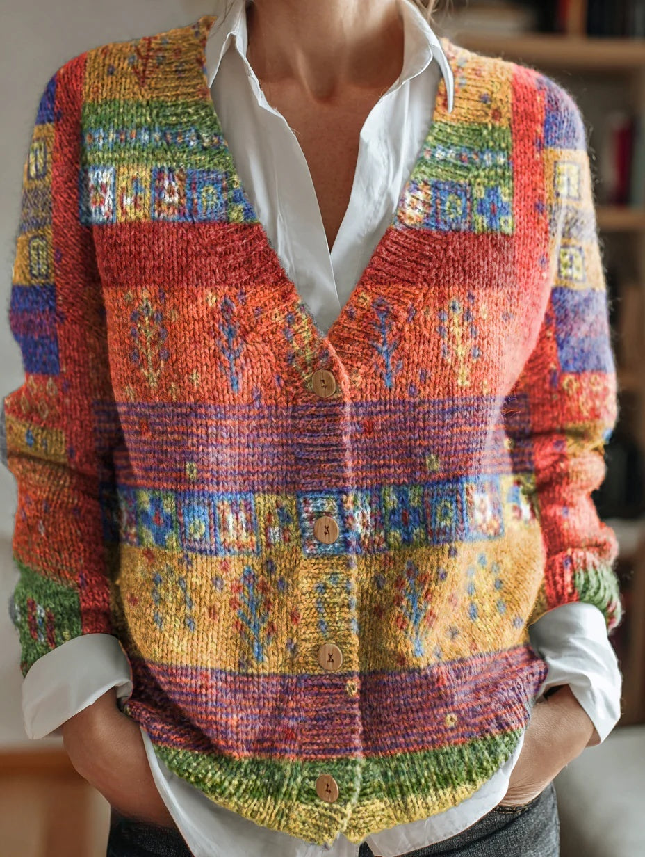 Women's Vintage Floral Collage Art Pattern Print Buttoned V-neck Cardigan Sweater