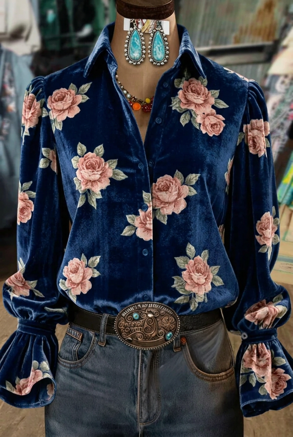 Navy vintage rose print velvet puff sleeve blouse with wide flared cuffs