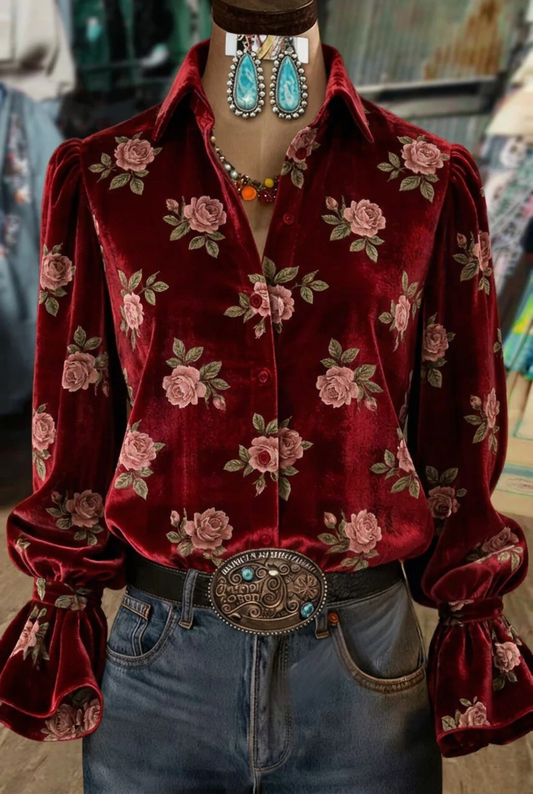 Burgundy vintage rose print velvet puff sleeve blouse with wide flared cuffs
