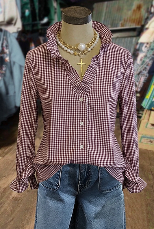 Vintage burgundy and white gingham ruffle neck long sleeve blouse