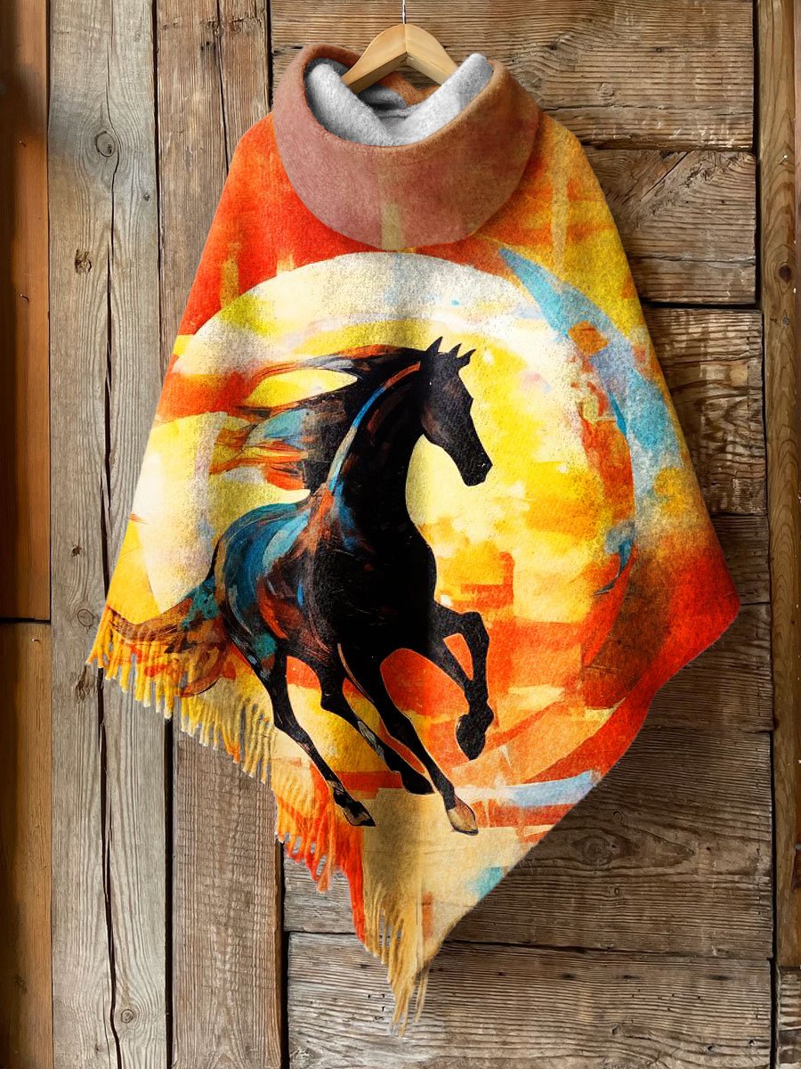 Women's Retro Abstract Warhorse Art Print Casual Knitted Blanket Poncho Hood Cape