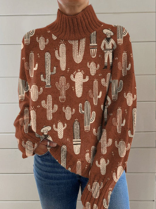 Brown Cowboy Cactus Printing Knit Turtleneck Pullover Sweater