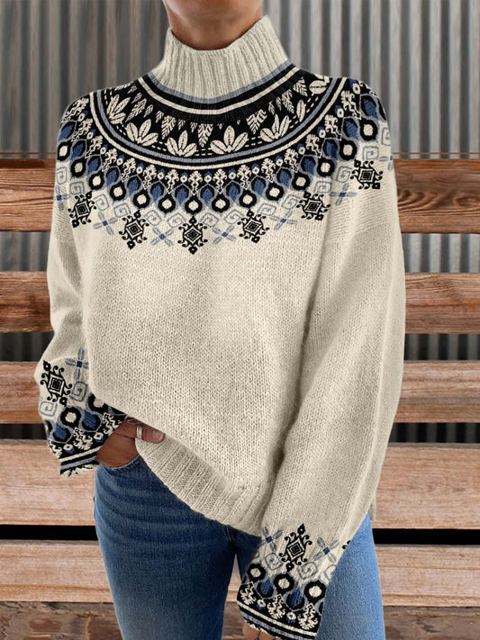 Print Knit Turtleneck Pullover Sweater