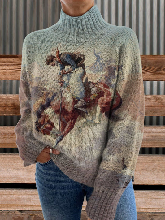 Vintage Print Knit Turtleneck Pullover Sweater