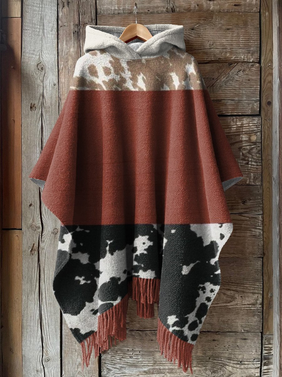 Western Style Animal Print Pattern Printed Casual Knitted Blanket Poncho Hood Cape