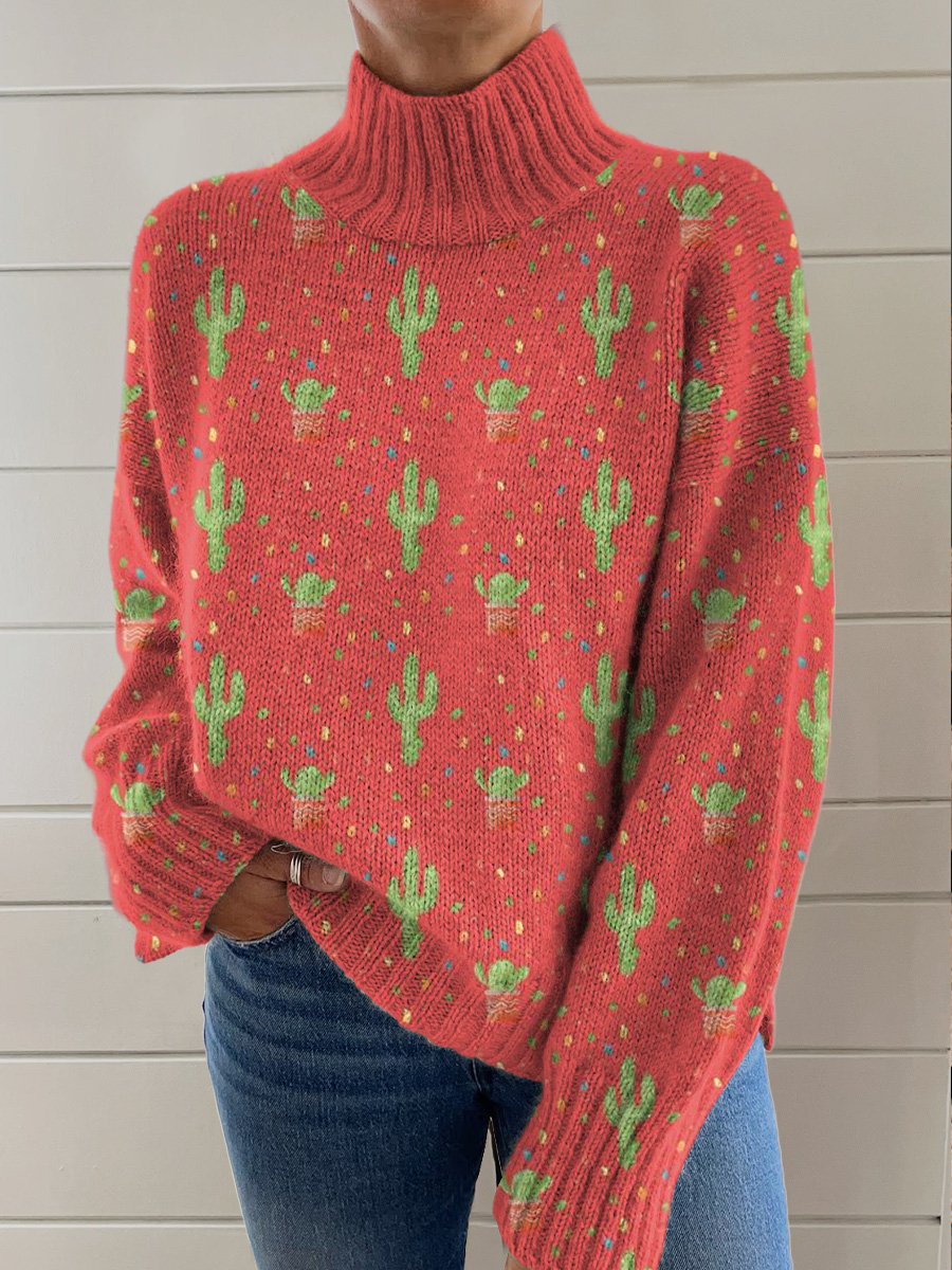 Red Cactus Seamless Printing Knit Turtleneck Pullover Sweater