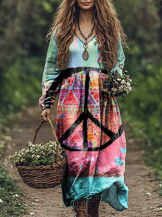 Women's Hippie Triangle Patchwork Art Print Pocket Cotton Dress