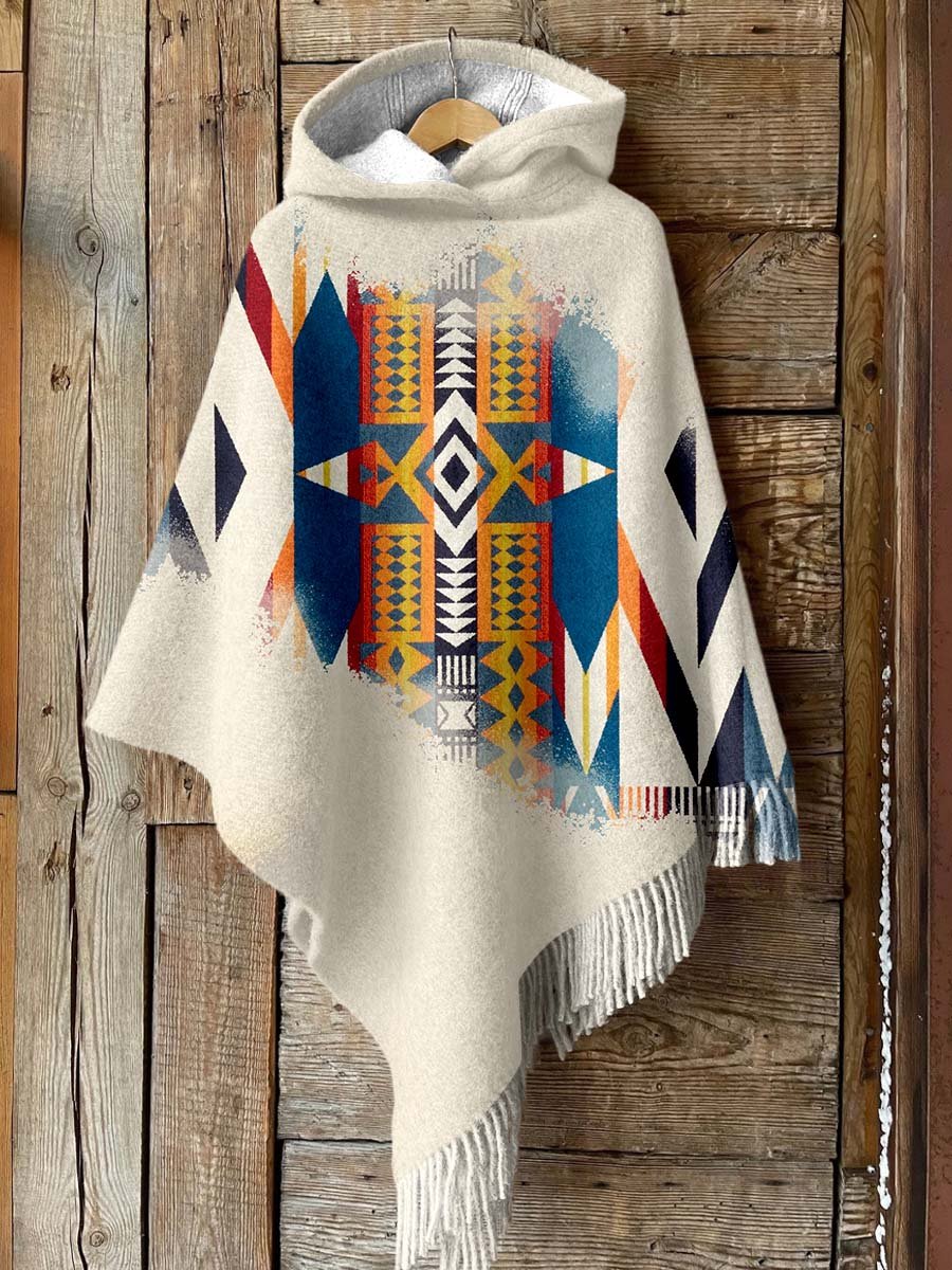 Women's Aztac Print Casual Knitted Blanket Poncho Hood Cape