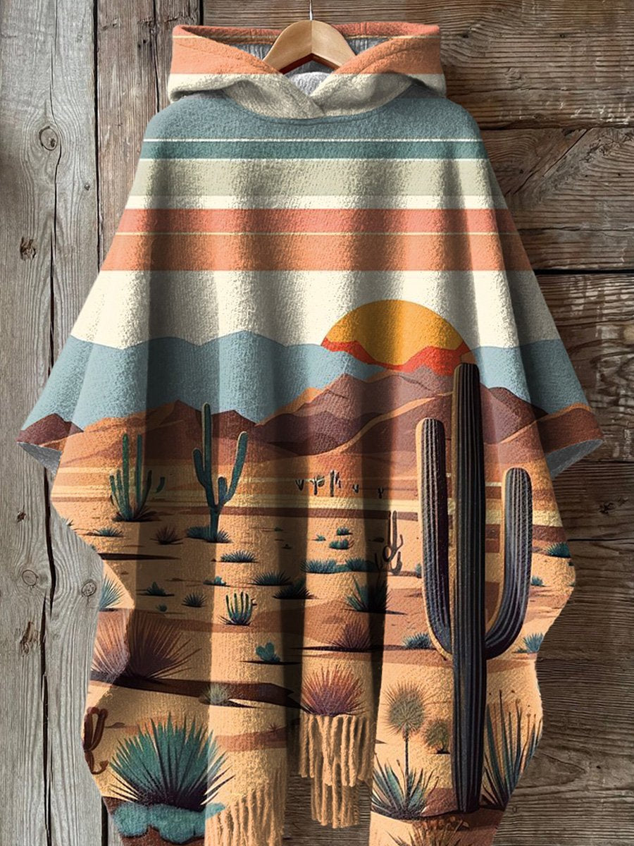 Western Desert Sunrise Oil Painting Art Printed Women's Casual Knitted Blanket Poncho Hood Cape