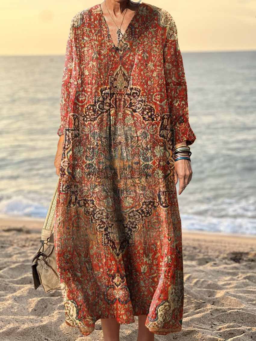 Women's Retro Ethnic Totem Pattern V Neck Long Sleeve Dress