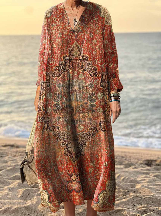 Women's Retro Ethnic Totem Pattern V Neck Long Sleeve Dress