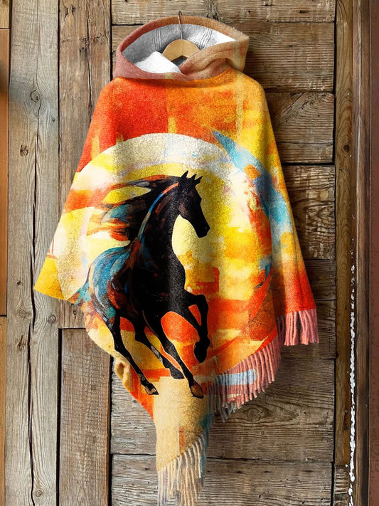 Women's Retro Abstract Warhorse Art Print Casual Knitted Blanket Poncho Hood Cape