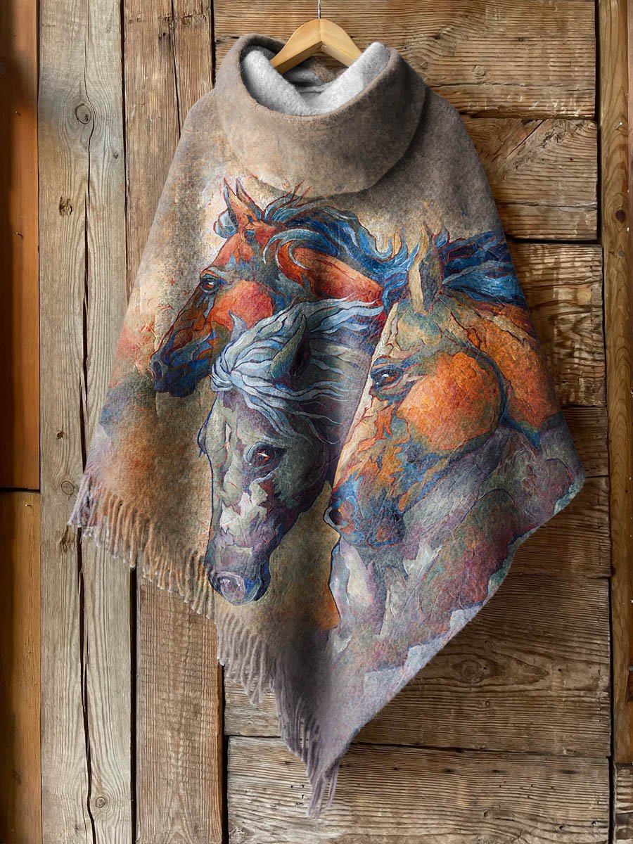 Women's Orange Horse Art Print Casual Knitted Blanket Poncho Hood Cape