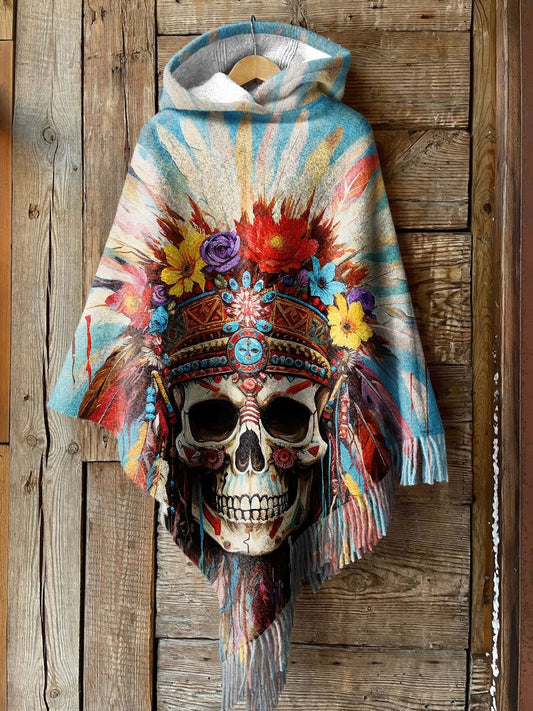 Women's Vintage Floral Colorful Skull Art Print Casual Knitted Blanket Poncho Hood Cape