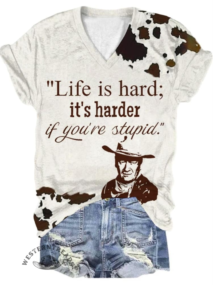 Women's Vintage Life Is Hard  Print V-neck Casual T-Shirt