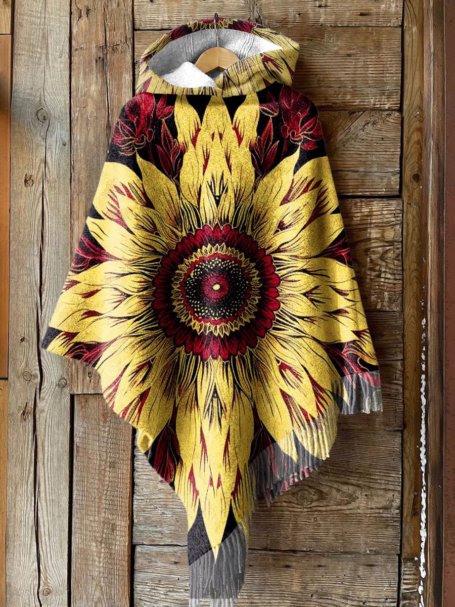 Women's Vintage Sunflower Art Print Casual Knitted Blanket Poncho Hood Cape