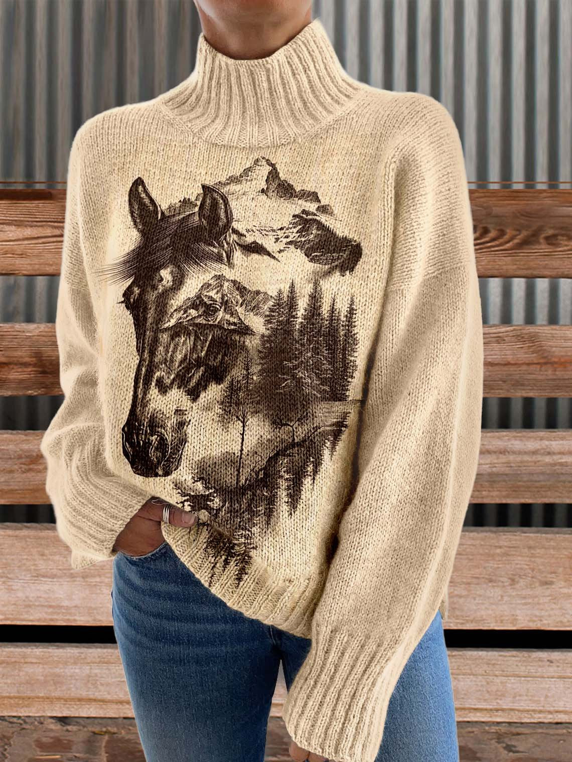 Horse Art Print Knit Turtleneck Pullover Sweater