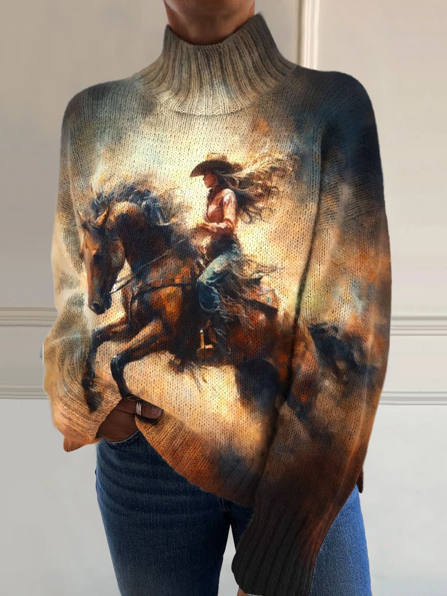 Vintage Cowboy Warhorse Art Print Knit Turtleneck Pullover Sweater