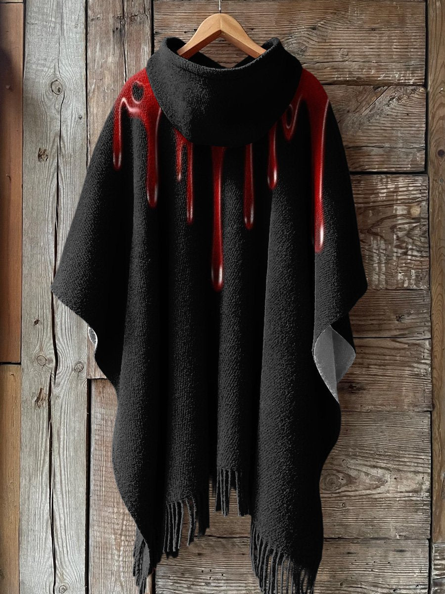 Halloween Dripping Blood Art Printed Casual Knitted Blanket Poncho Hood Cape