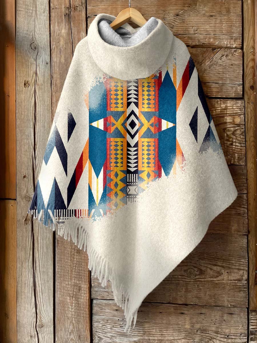 Women's Aztac Print Casual Knitted Blanket Poncho Hood Cape