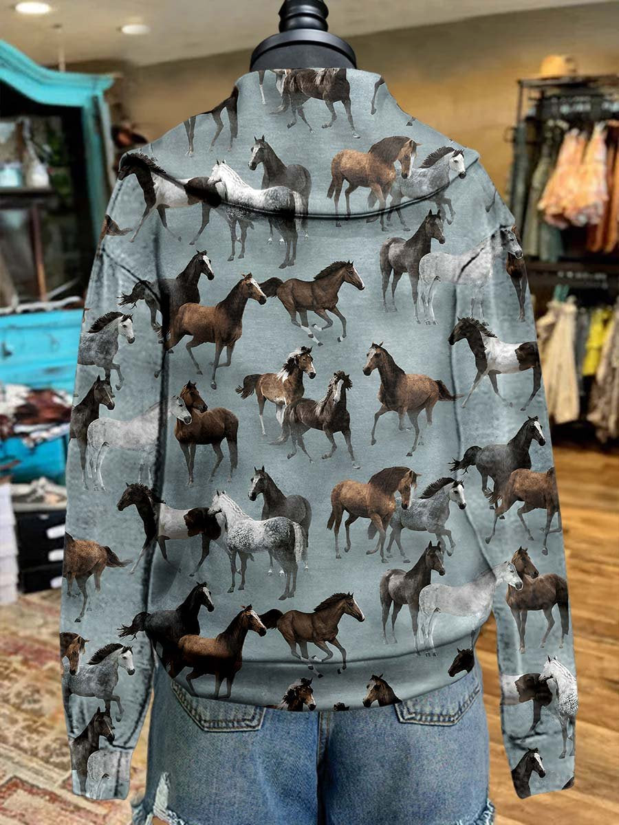 Horse Print Cozy Plush Sweatshirt