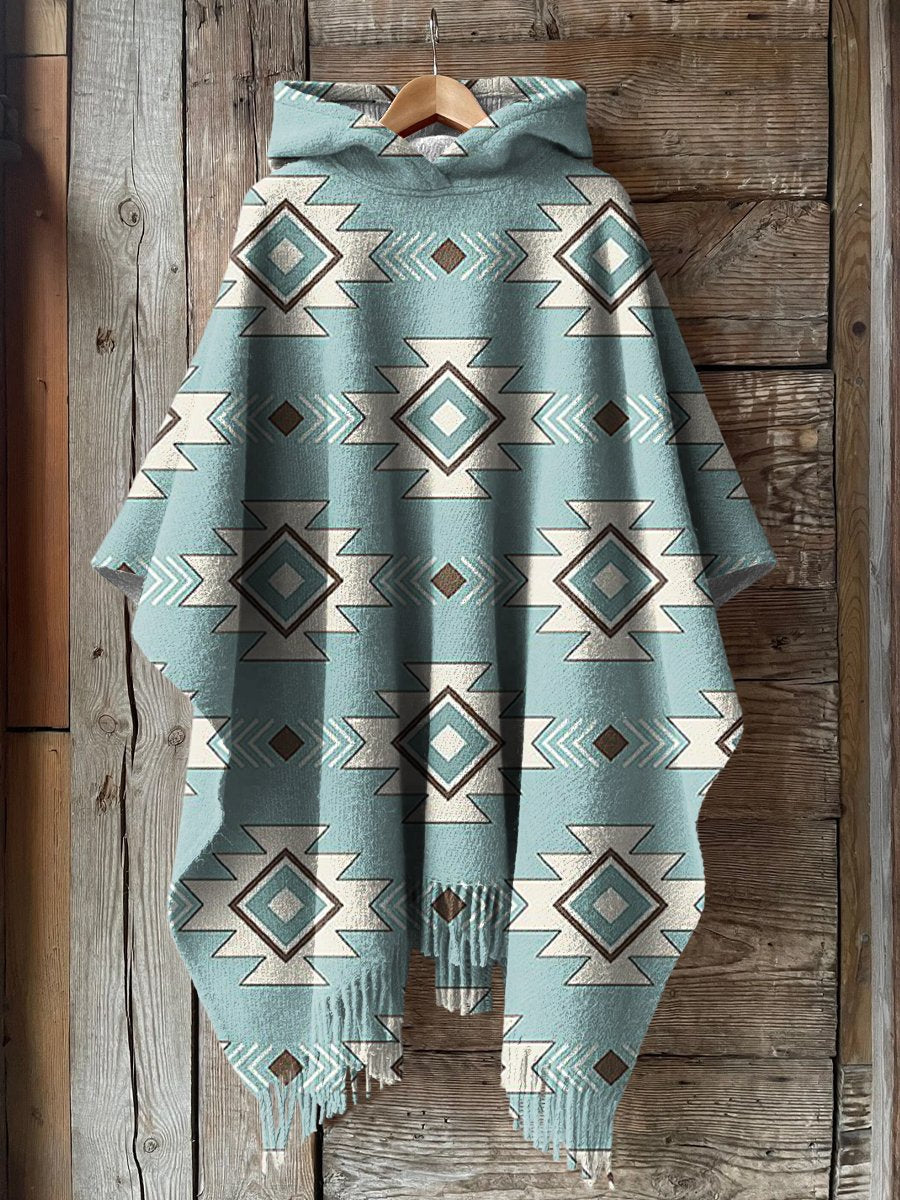 Women's Vintage Aztec Print Casual Knitted Blanket Poncho Hood Cape