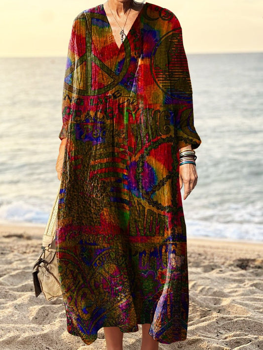 Women's Retro Hippie Print Dress Printed V Neck Long Sleeve Dress